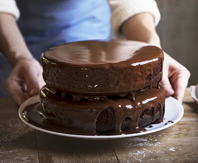 A person holding a chocolate cake.